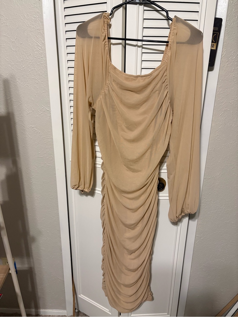 Amazon Beige Ruched Long Sleeve Dress